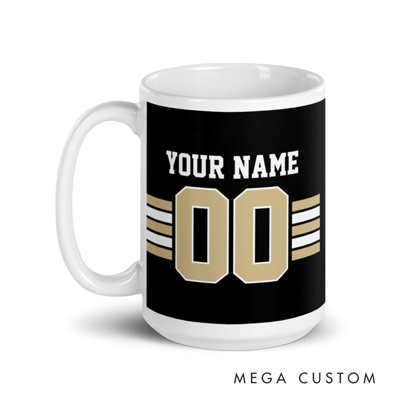 Personalized Football Mug with Customizable Team Name Player Name and Jersey Number in Sleek Black and Gold Design