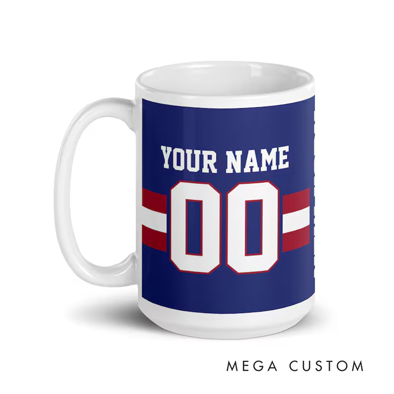 Personalized Football Mug with Customizable Team Name Player Name and Jersey Number in Bold Blue and Red Design