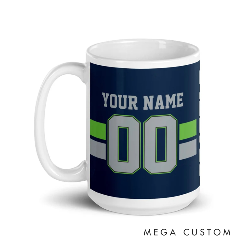 Personalized Football Mug with Customizable Team Name Player Name and Jersey Number in Navy Blue and Neon Green Design