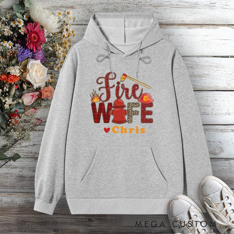 Personalized Fire Wife Hoodie with Fire Helmet Flame and Axe Design Gift for Firefighter Wives