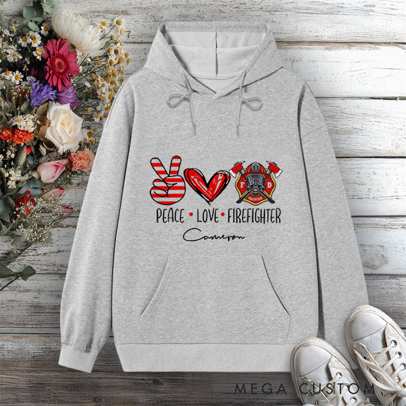 Personalized Hoodie Peace Love Firefighter Design with Hand Heart and Fire Helmet Elements Gift for Firefighter