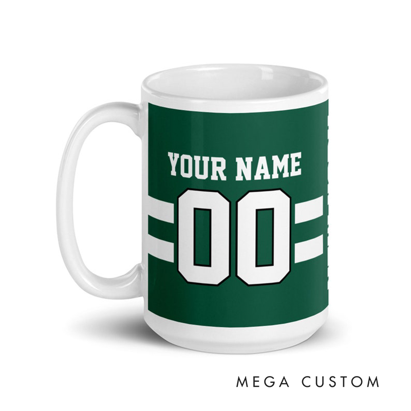 Personalized Football Mug with Customizable Team Name Player Name and Jersey Number in Classic Green and White Design
