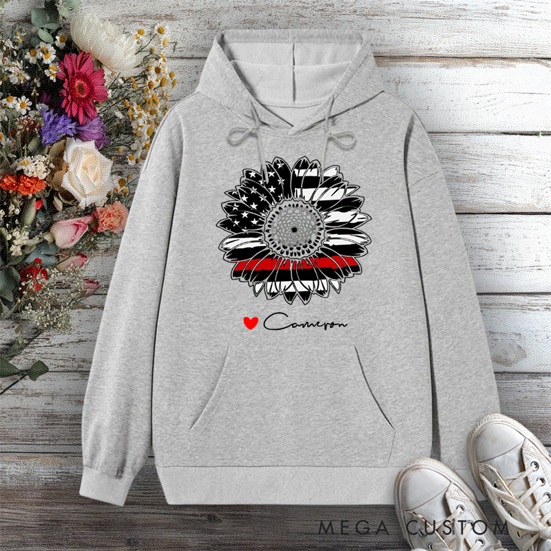 Personalized Hoodie Firefighter Thin Red Line Sunflower Design Gift for Firefighter