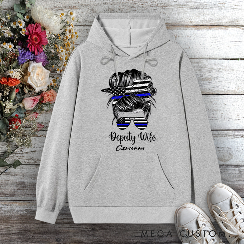 Personalized Police Hoodie Deputy Wife Design with Messy Bun and Thin Blue Line Gift for Police officer