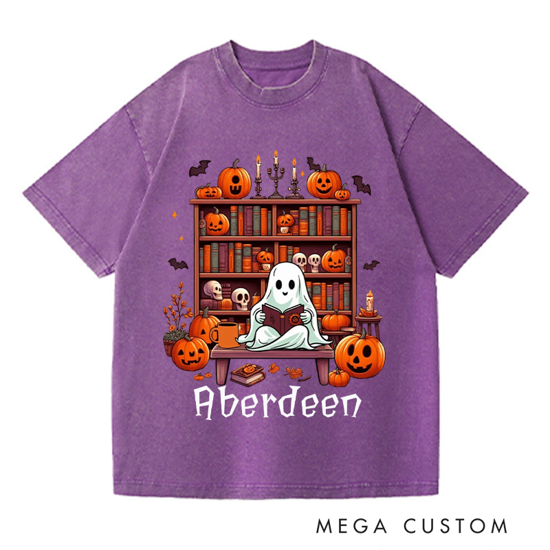 Personalized Ghost Book Reader Washed T-Shirts Reading Enthusiast Book Ghost Reader Tee for Literature Lover Boo Shirt Halloween Gifts
