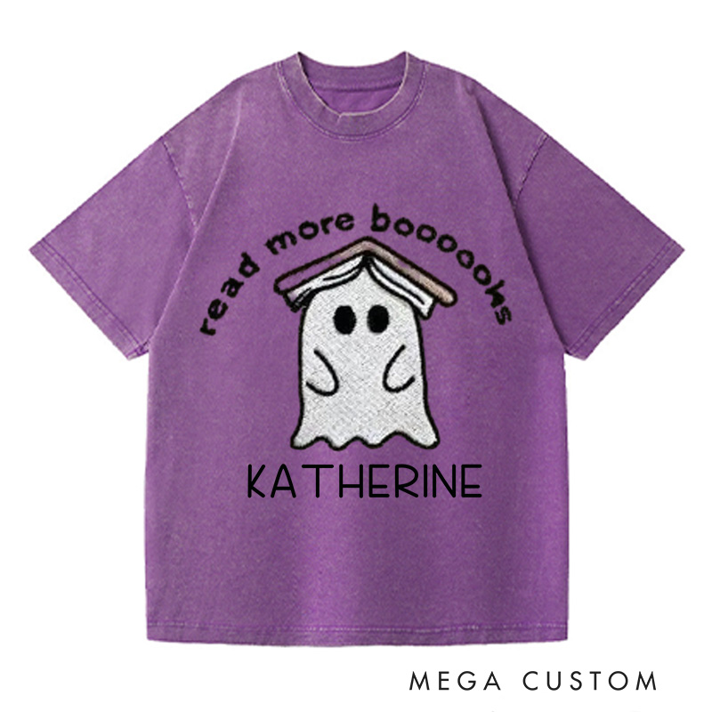 Personalized Ghost Book Washed T-Shirts Fall Spooky Season Tshirt Book Lover Shirt Cute Reading Ghost Shirt Halloween Gift Bookish-Librarian Gift