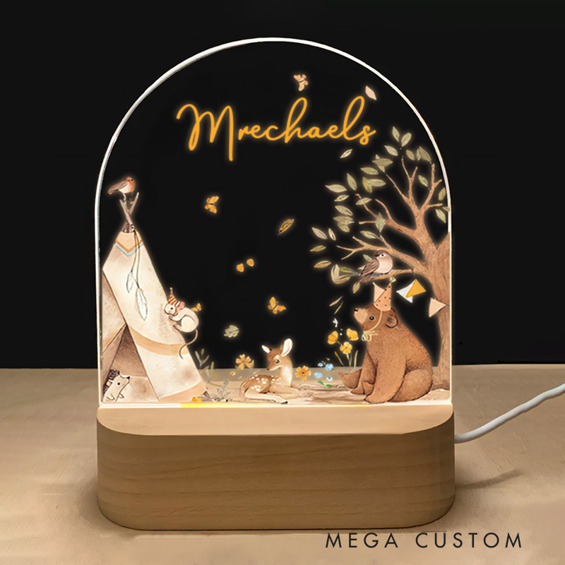 Personalized Woodland Animals Gathering Near Teepee and Tree for Cozy and Whimsical Night Lamp  Newborn Gift