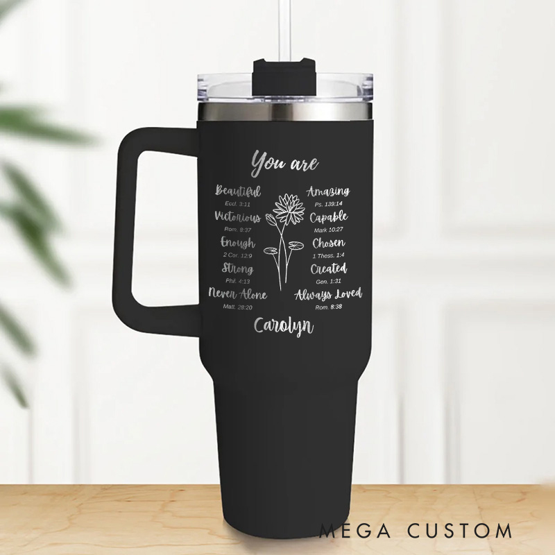Personalized Birth Flower Bible Verse 40oz Insulated Tumbler with Name and Straw Christmas Gift for Women Christian Birthday Gift for Her
