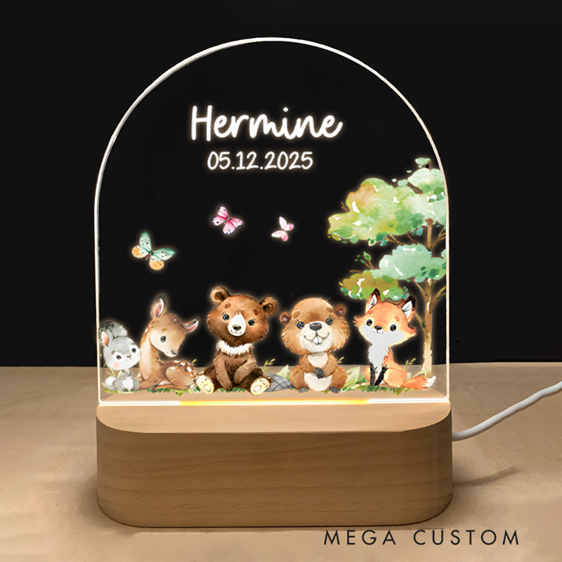 Personalized Adorable Forest Friends Sitting Together with Butterflies and Trees for a Delightful Night Lamp