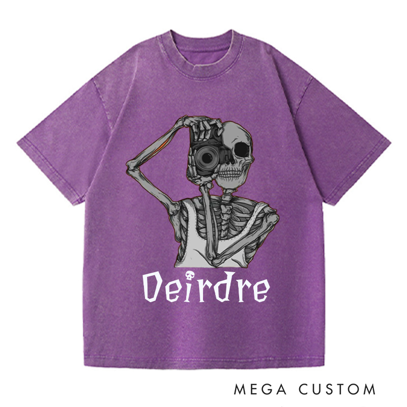 Personalized Skeleton Take Photos Washed T-Shirts Skeleton Shirt Funny Skeleton Tee Gifts For Those Who Love To Travel And Record Trip Lover Gift