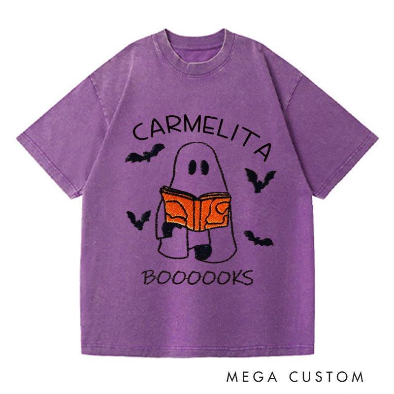 Personalized Booooks Washed T-Shirts Librarian Shirt Halloween Book Shirt Ghost Reading Shirt Reading Halloween Gift for Book Lover Shirt