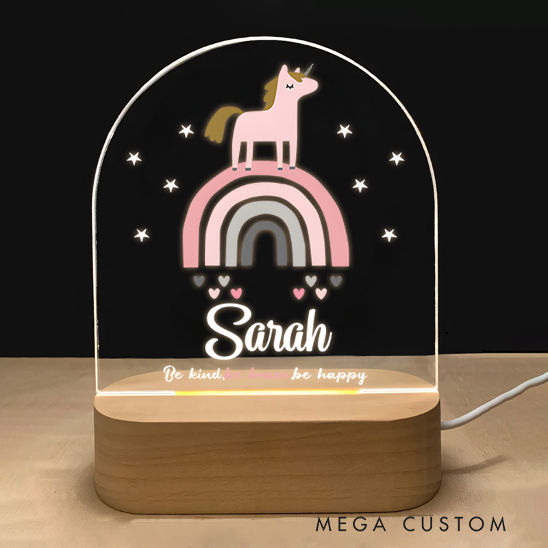 Personalized Magical Unicorn Standing on a Pastel Rainbow Surrounded by Hearts and Stars for a Dreamy Night Lamp