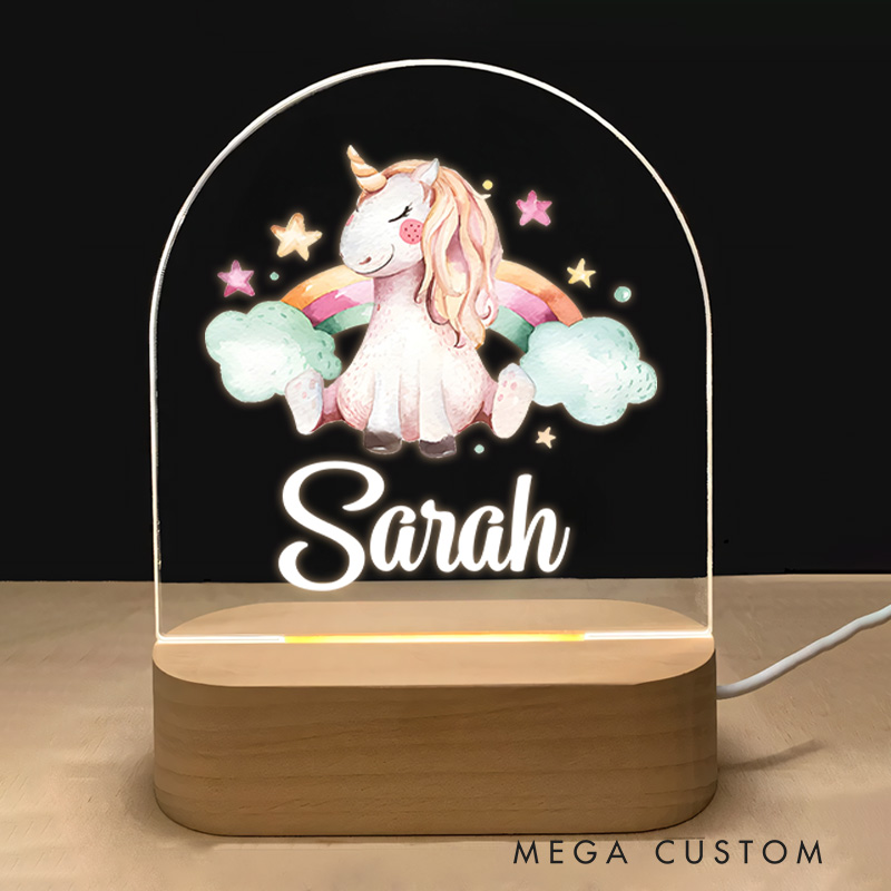 Personalized Adorable Unicorn with Flowing Mane Sitting on a Rainbow Surrounded by Clouds and Stars for a Magical Night Lamp