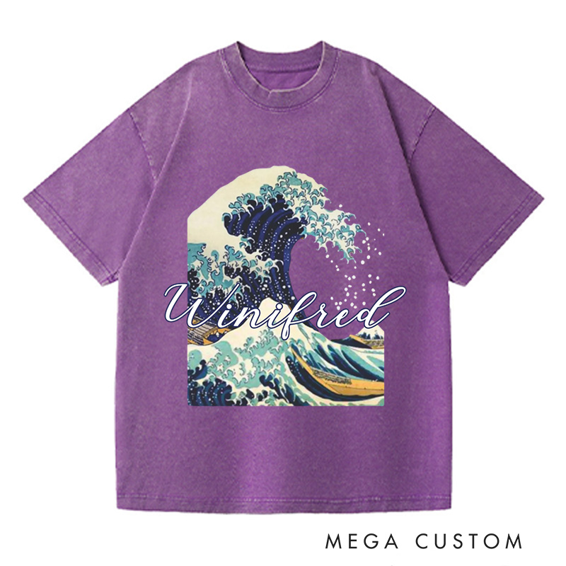 Personalized Giant Wave Washed T-Shirts Artistic Shirts Vacation Tee Customized Name Shirt Gift For Traveler