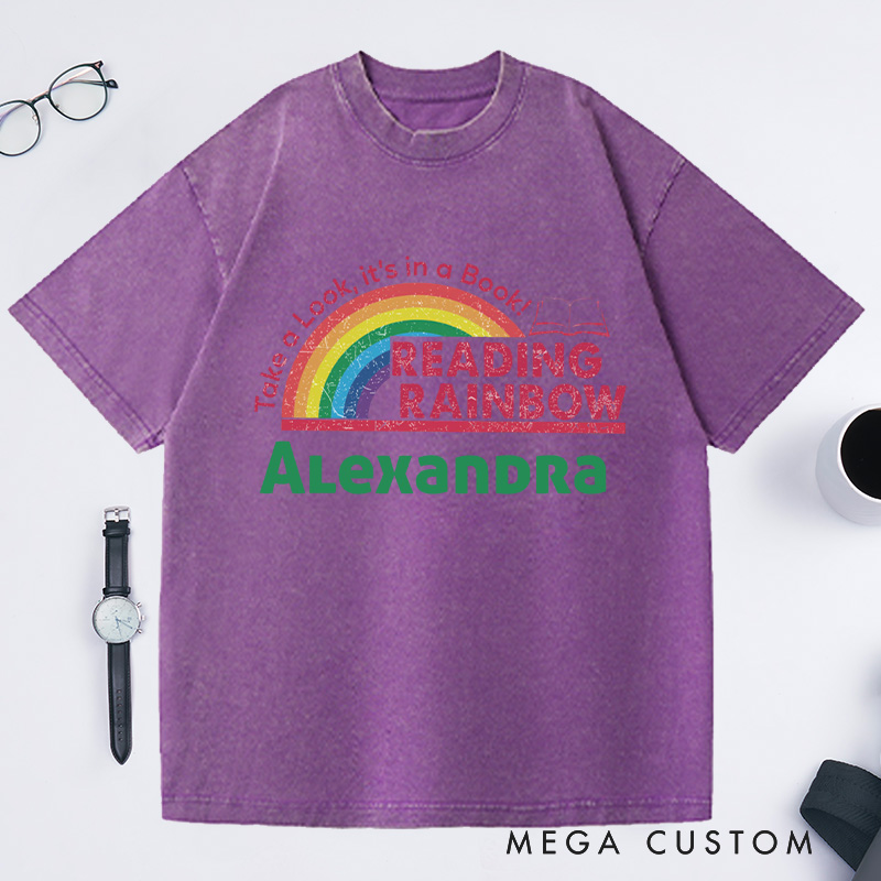 Personalized Reading Rainbow Washed T-Shirts for Librarian, Take a Look It's in a Book Shirt, Retro Librarian Tee with Name Book Lover Gift