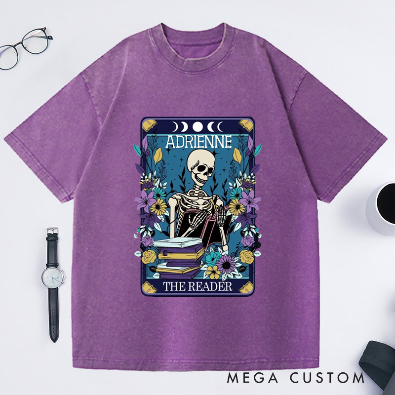 Personalized The Reader Washed T-Shirts Bookish Shirt Skeleton Tarot Shirt for Book Lover Gift Librarian Gift