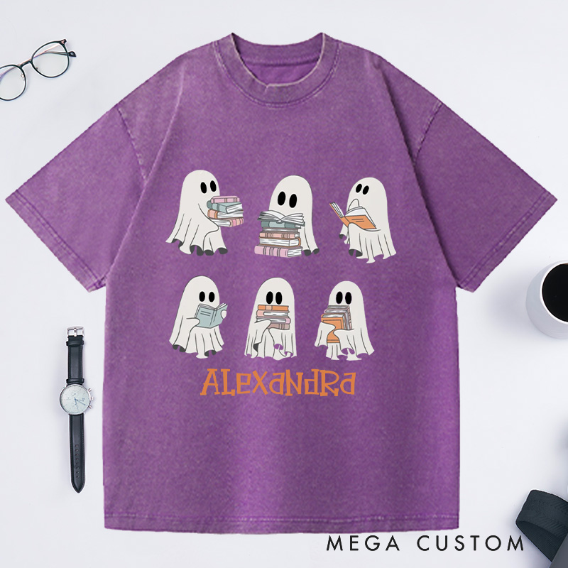 Personalized Ghost Reading Washed T-Shirts Halloween Shirt Librarian Shirt Book Lover Tshirt Reading Shirt