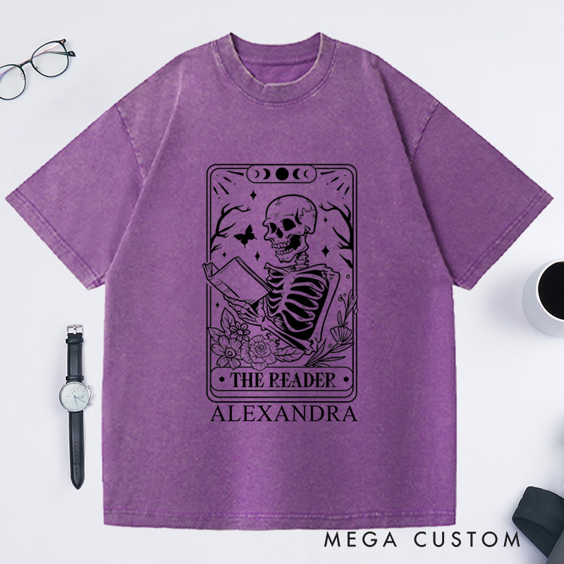 Personalized The Reader Tarot Card Shirt Skeleton Washed T-Shirts Reading Shirt Book Lover Shirt Gift Librarian Shirt 