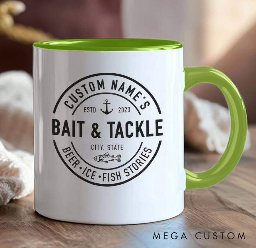Personalized Bait & Tackle Mug Fishing Design with Name & Location for Fishing Lover