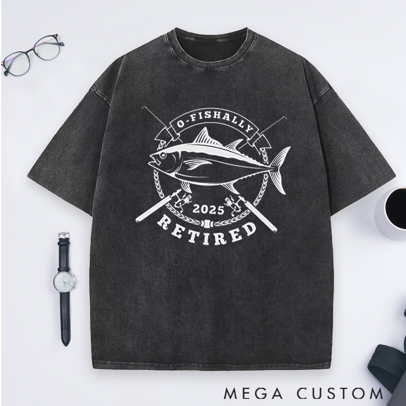 Personalized Fishing O-Fishally Retired Washed T-Shirt Great Retirement Gift for Fishing Lover Dad Grandpa