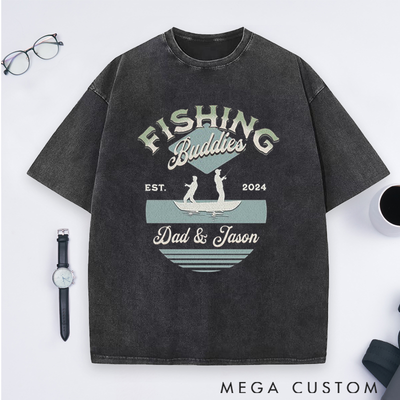 Personalized Fishing Buddies Washed T-Shirt with Father and Child Silhouette for Fishing Enthusiast