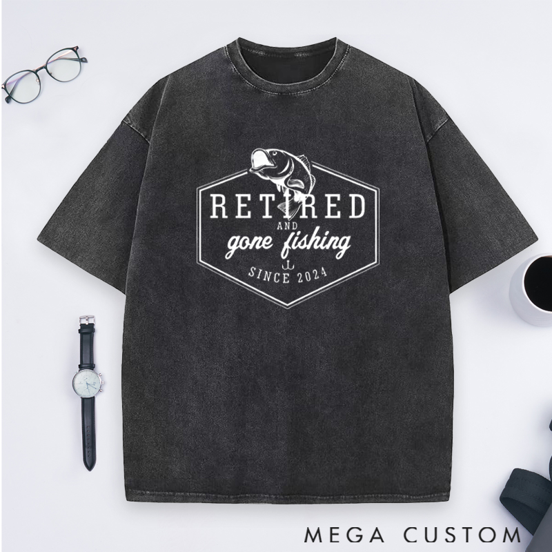 Personalized Retired and Gone Fishing Washed T-Shirt Retirement Gift for Fishing Outdoors Lover