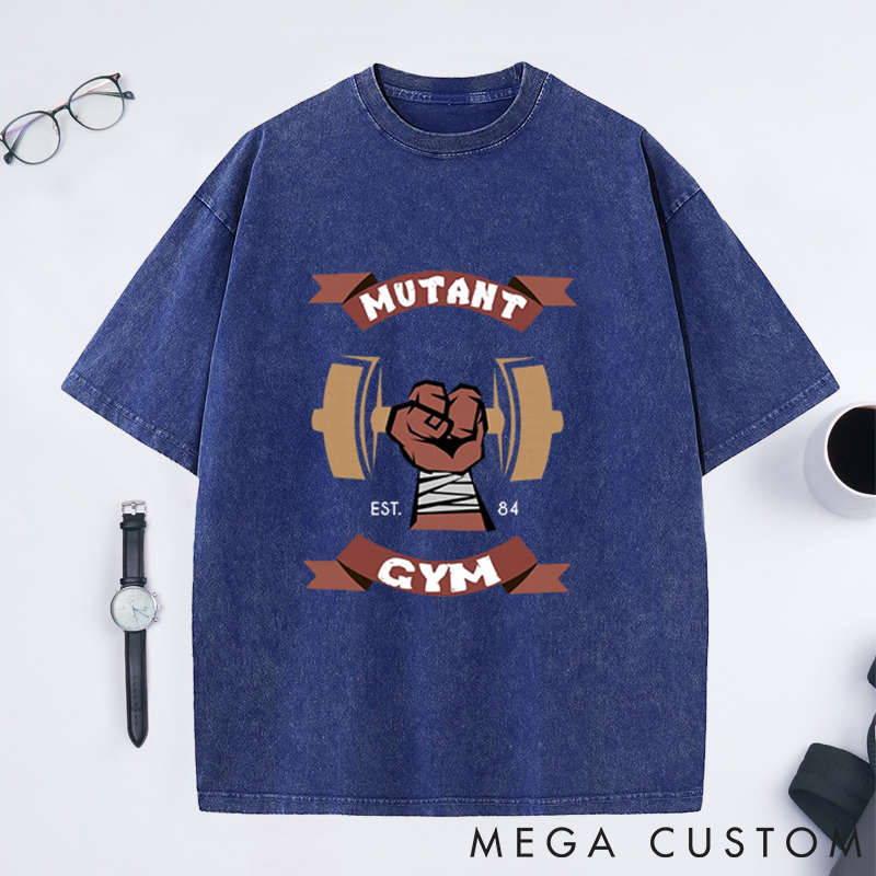 Personalized Mutant Gym Washed T-Shirts with Bold Fist and Barbell Design for Fitness Enthusiasts Bodybuilders and Gym Lovers