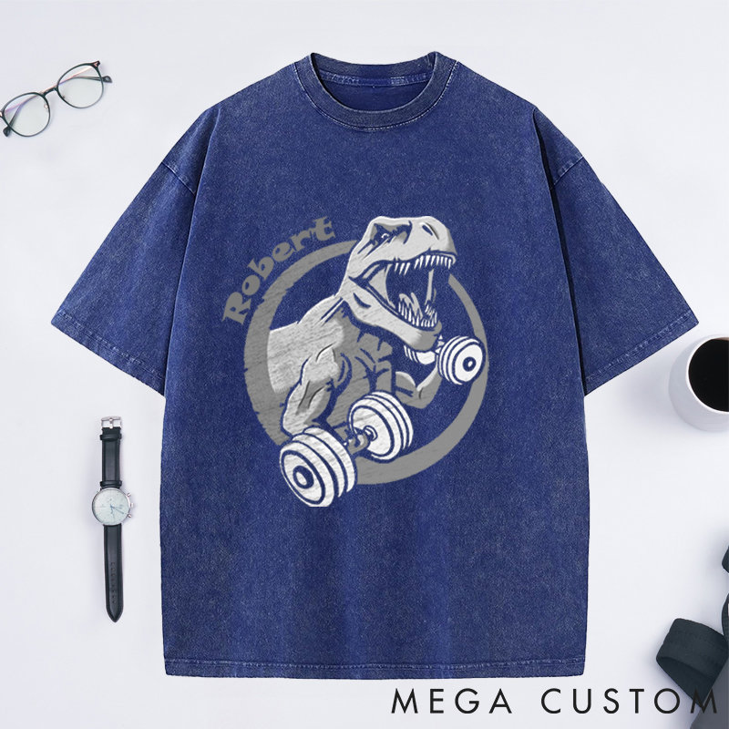 Personalized Gym Washed T-Shirts with Fierce T Rex Lifting Dumbbells Design for Fitness Enthusiasts Bodybuilders and Gym Lovers