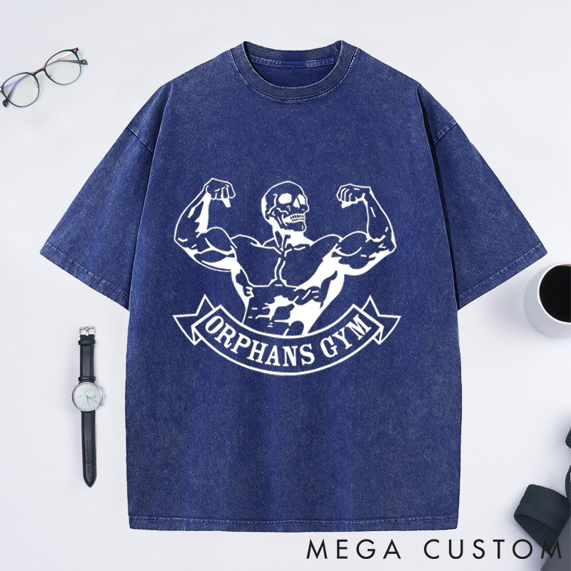 Personalized Gym Washed T-Shirts with Bold Skeleton Bodybuilder Design for Fitness Enthusiasts Bodybuilders and Gym Lovers
