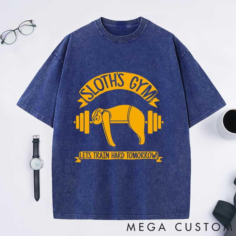Personalized Gym Washed T-Shirts with Funny Sloth Lifting Barbell Design for Fitness Enthusiasts Bodybuilders and Gym Lovers