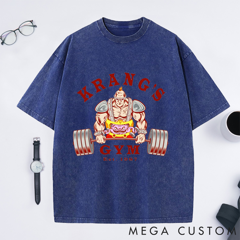 Personalized Gym Washed T-Shirts with Bold Alien Bodybuilder Lifting Design for Fitness Enthusiasts Bodybuilders and Gym Lovers