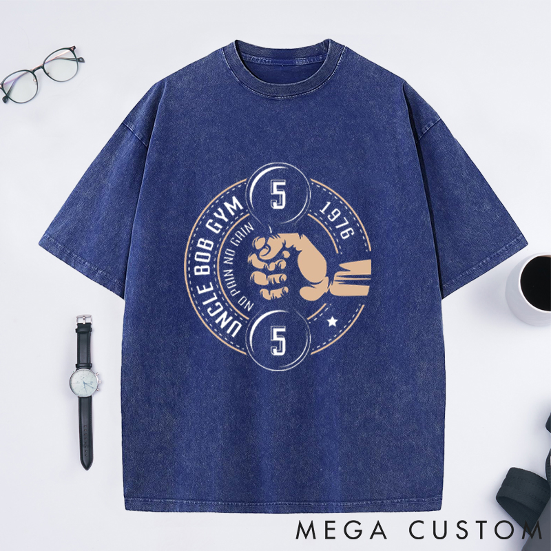 Personalized Gym Washed T-Shirts with Retro Fist and Dumbbell Design for Fitness Enthusiasts Bodybuilders and Gym Lovers