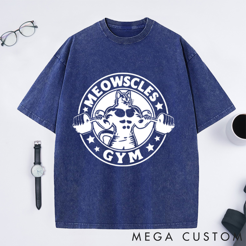 Personalized Gym Washed T-Shirts with Buff Cat Lifting Dumbbells Design for Fitness Enthusiasts Bodybuilders and Gym Lovers