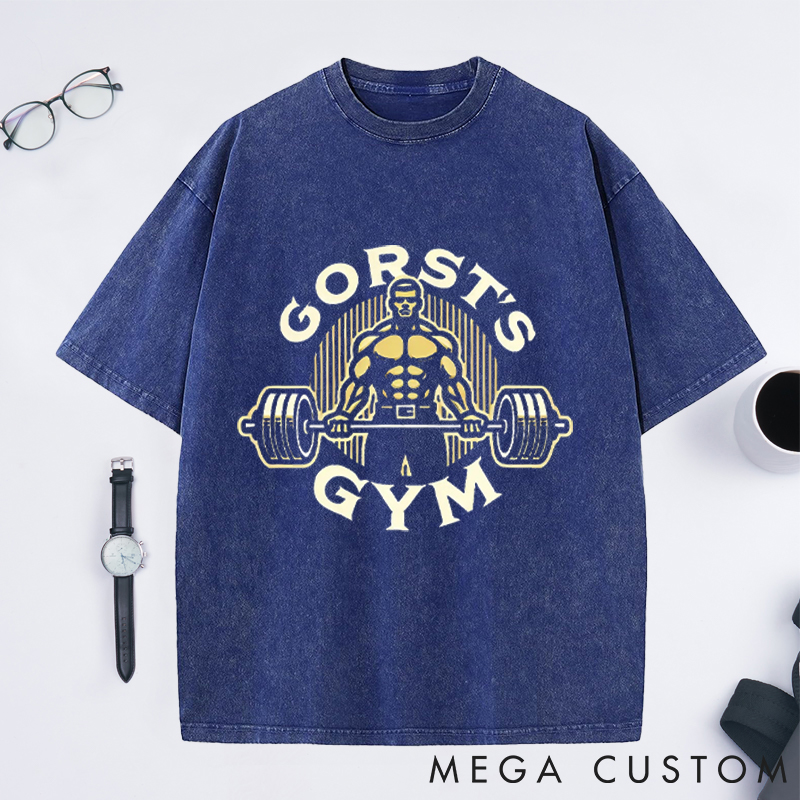 Personalized Powerful Bodybuilder Washed T-Shirts with Barbell Design for Fitness Enthusiasts Bodybuilders and Gym Lovers