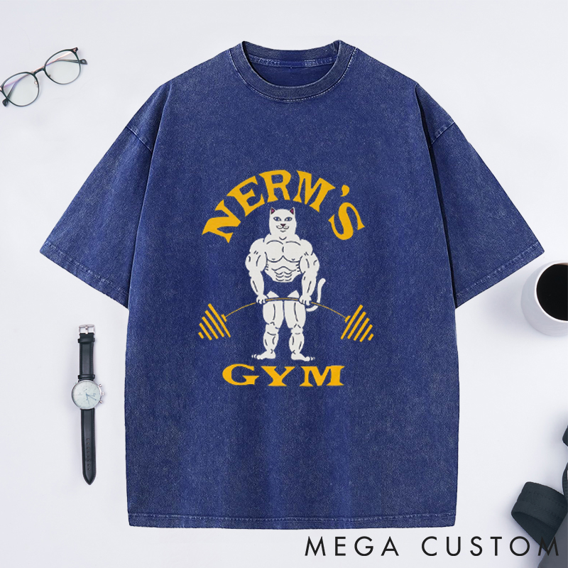 Personalized Barbell Design Washed T-Shirts with Muscular Cartoon Character for Fitness Enthusiasts Bodybuilders and Gym Lovers
