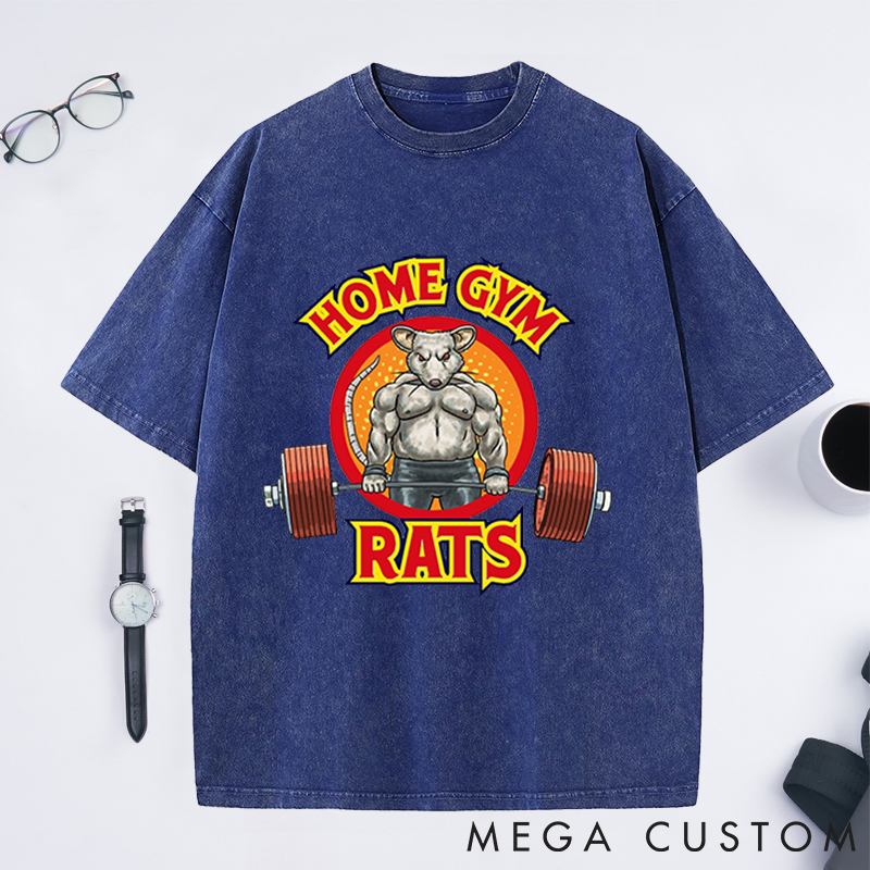 Personalized Gym Washed T-Shirts with Muscular Rat Lifting Barbell Design for Fitness Enthusiasts Bodybuilders and Gym Lovers