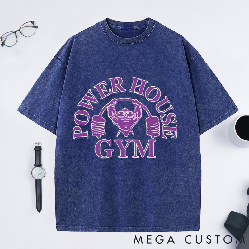Personalized Power House Gym Washed T-Shirts with Bold Purple Bodybuilder Design for Fitness Enthusiasts Bodybuilders and Gym Lovers