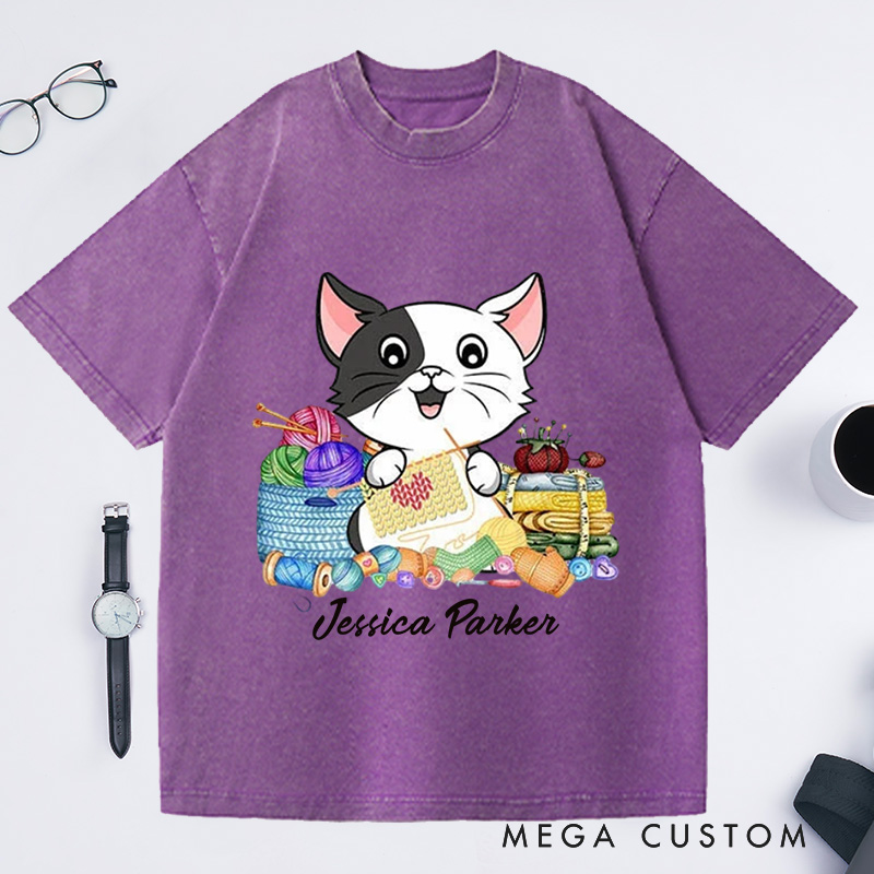 Personalized I Love Knitting And Cat Washed T-Shirts Knit Gift Knitting Gift Knitter Gift Love To Knit Love Knitting Knit Lover