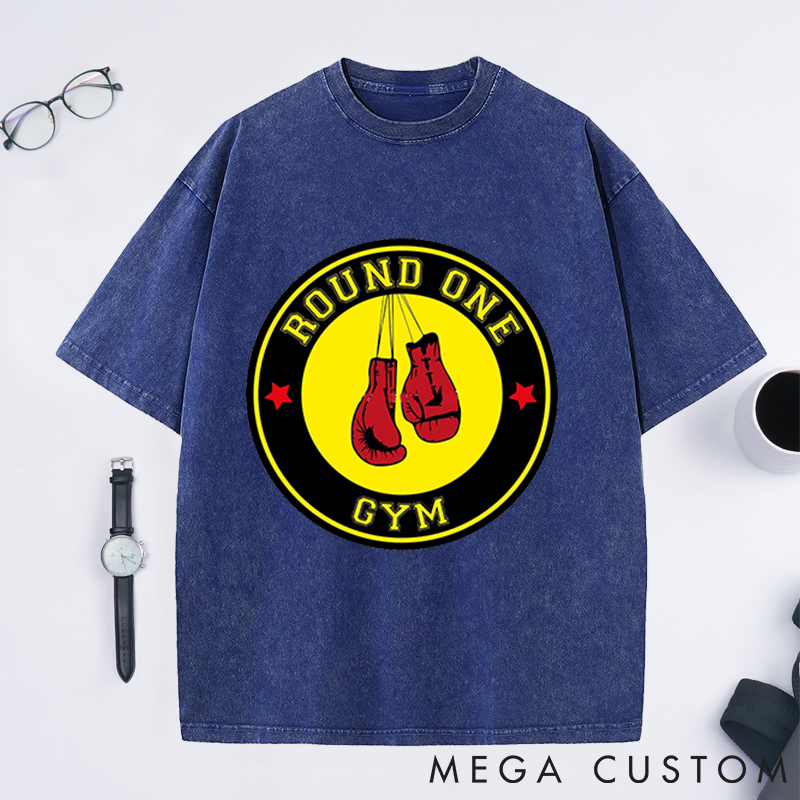 Personalized Round One Gym Washed T-Shirts with Classic Boxing Gloves Design for Fitness Enthusiasts Bodybuilders and Gym Lovers