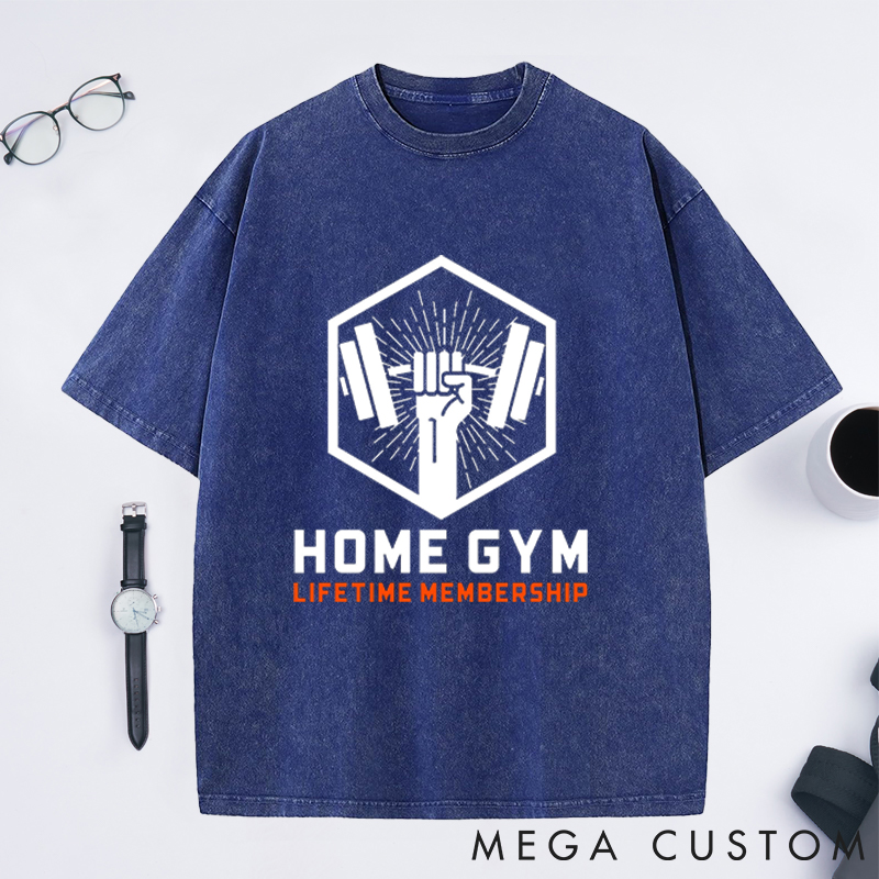 Personalized Gym Washed T-Shirts with Lifetime Membership Bold Barbell Design for Fitness Enthusiasts Bodybuilders and Gym Lovers