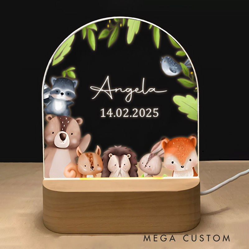 Personalized Woodland Animals Illustration Featuring Bear Rabbit and Fox for a Cozy and Warm Glow Night Lamp