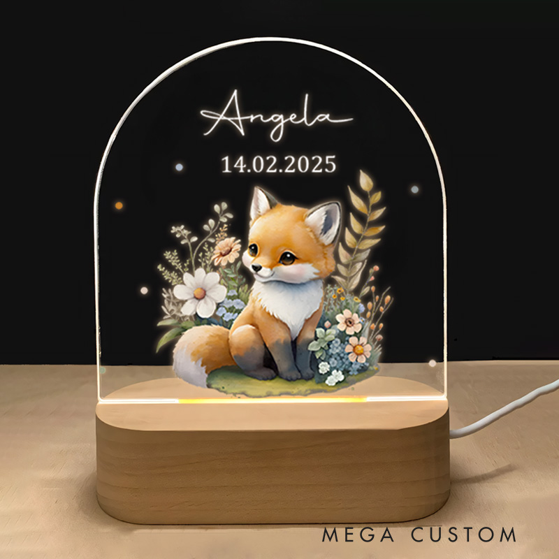 Personalized Fox Illustration Surrounded by Floral Accents for a Cozy and Enchanting Nursery Ambiance Night Lamp