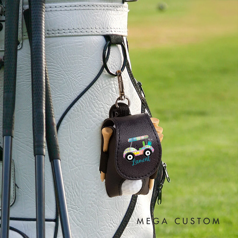 Personalized Leather Golf Ball Pouch with Custom Name and Cute Car Design