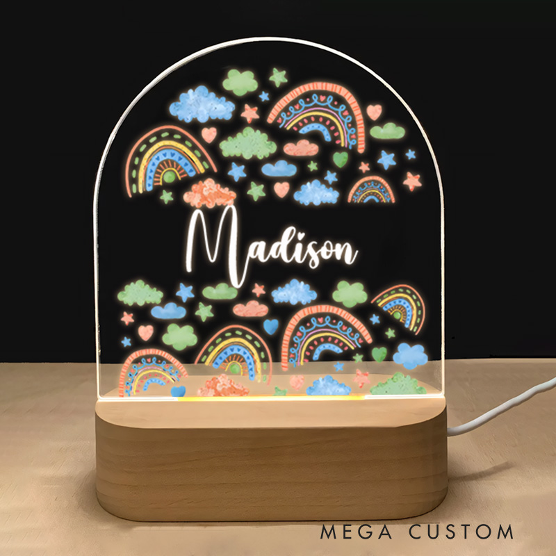Personalized Colorful Rainbow and Cloud Illustrations with Whimsical Accents for a Vibrant and Joyful Nursery Glow Night Lamp