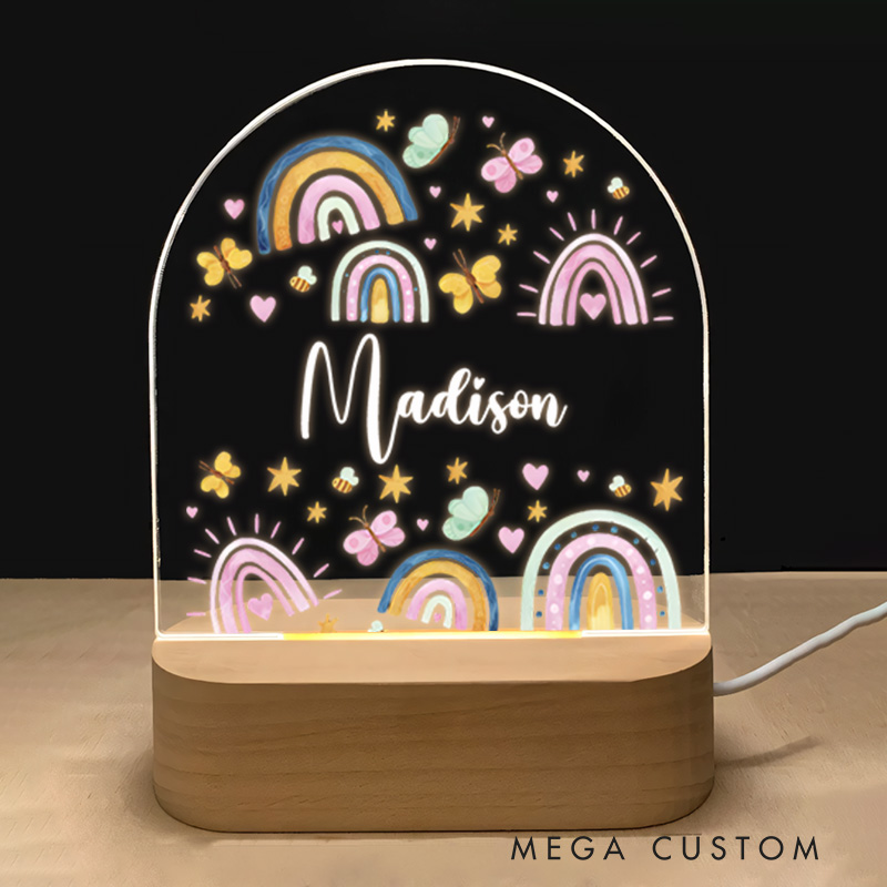 Personalized Rainbow and Cloud Illustration with Heart and Star Accents for a Bright and Cheerful Nursery Ambiance Night Lamp