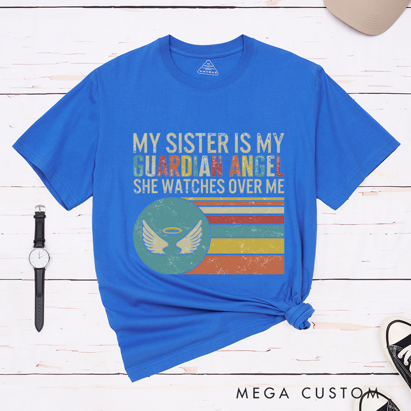 Personalized Guardian Angel Sister Memorial T-Shirt Retro Striped Wings Sympathy Gift for Grieving Sibling