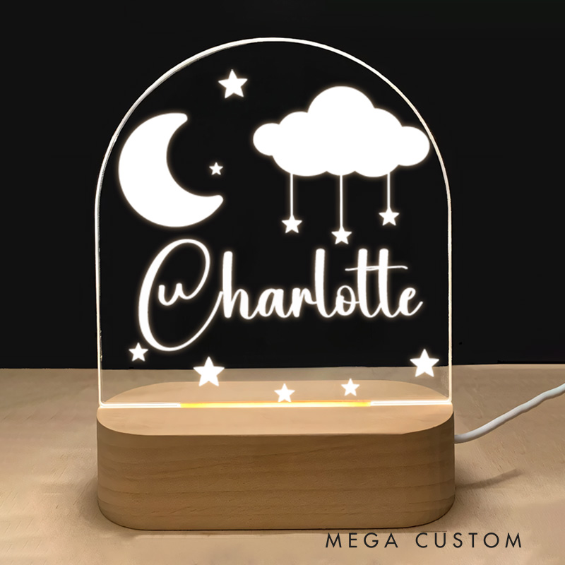 Personalized Moon and Cloud Illustration with Star Accents for a Magical and Serene Nursery Glow Baby Night Lamp