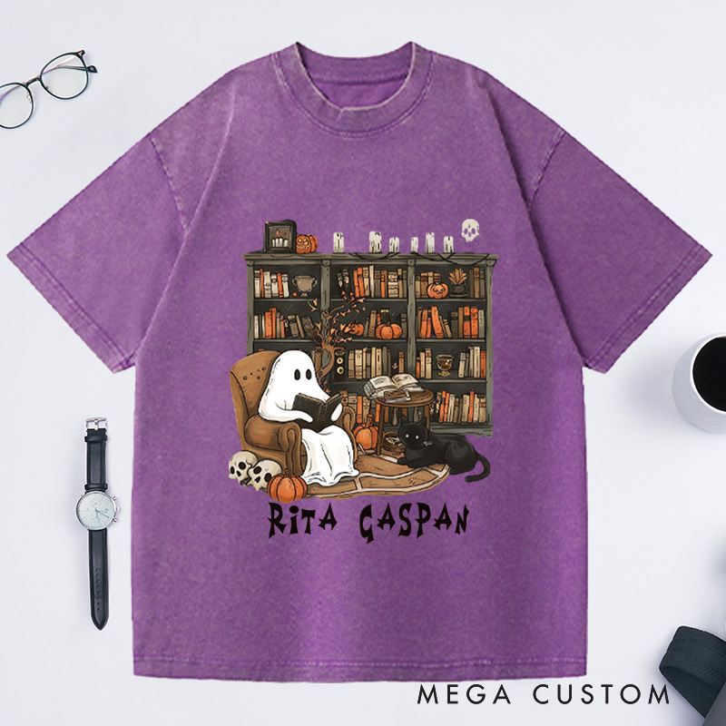 Personalized Ghost Book Reader Washed T-Shirts Reading Tee Book Lover Gift Reading Enthusiast Book Shirt Ghost Reader Tee Literature Lover