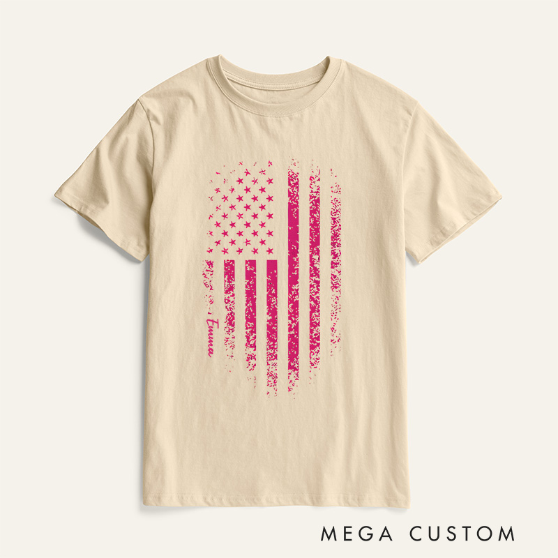 Personalized Breast Cancer Awareness Pink Distressed American Flag T-Shirt