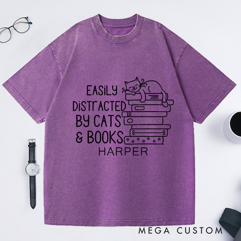 Personalized Easily Distracted By Cats And Books Washed T-Shirts Book Lover Gift Funny Cat Shirt